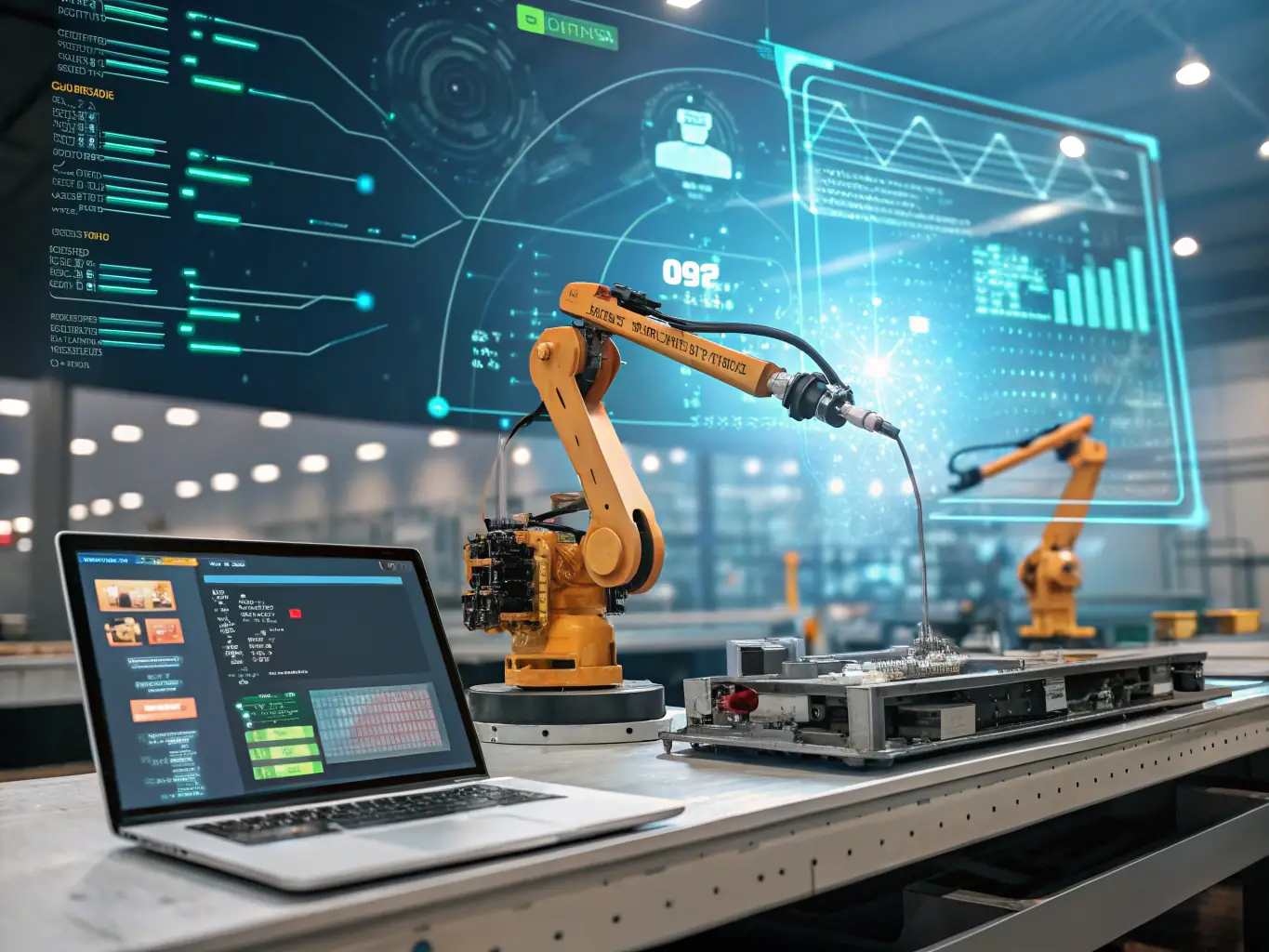A futuristic interface displaying AI-driven automation processes for vehicle manufacturing, showcasing efficiency and precision.