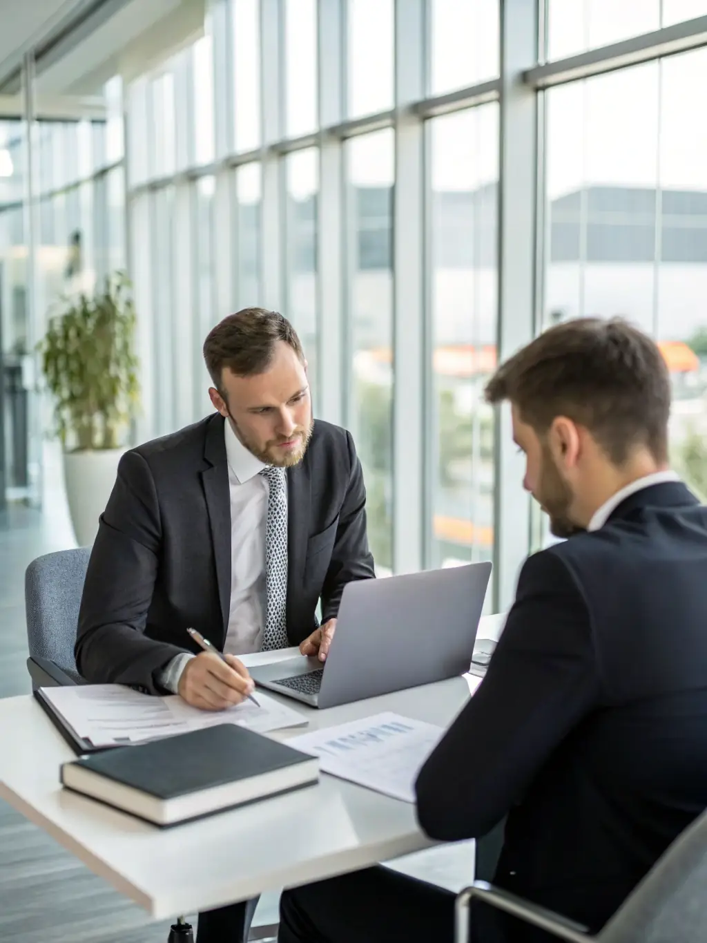 A consultant advising a client in a modern office setting, illustrating Stelarity LLC's strategic advisory services.