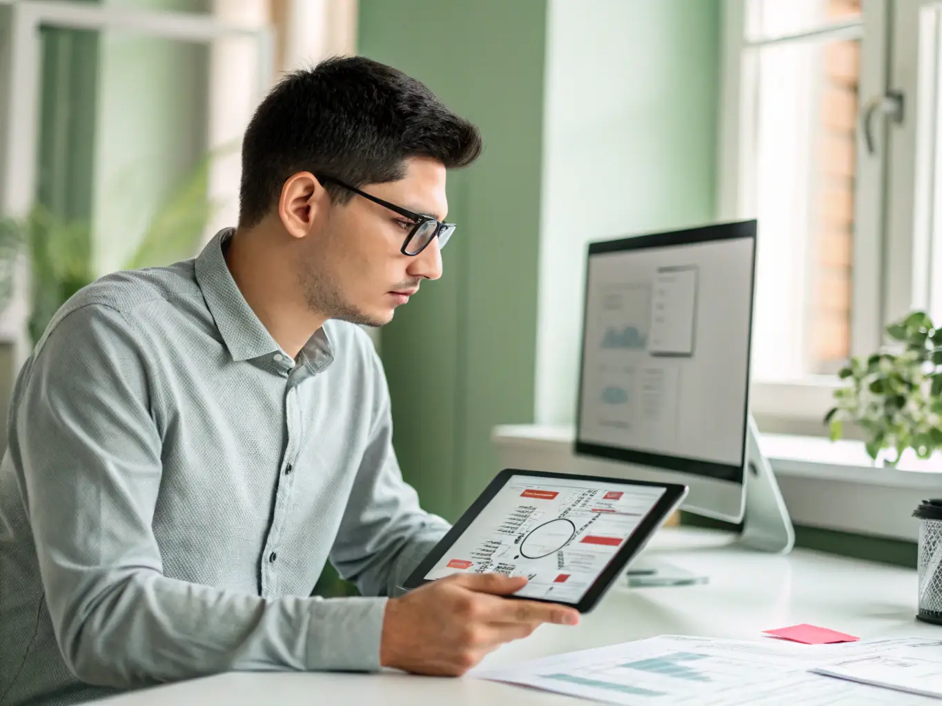 A consultant deeply engrossed in analyzing automotive market data on a digital tablet, surrounded by charts and graphs, in a modern office setting.