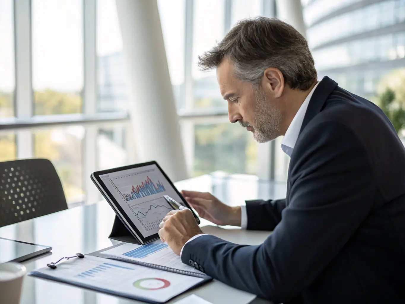 A consultant deeply engrossed in analyzing automotive market data on a digital tablet, set against the backdrop of a modern office with automotive design elements.