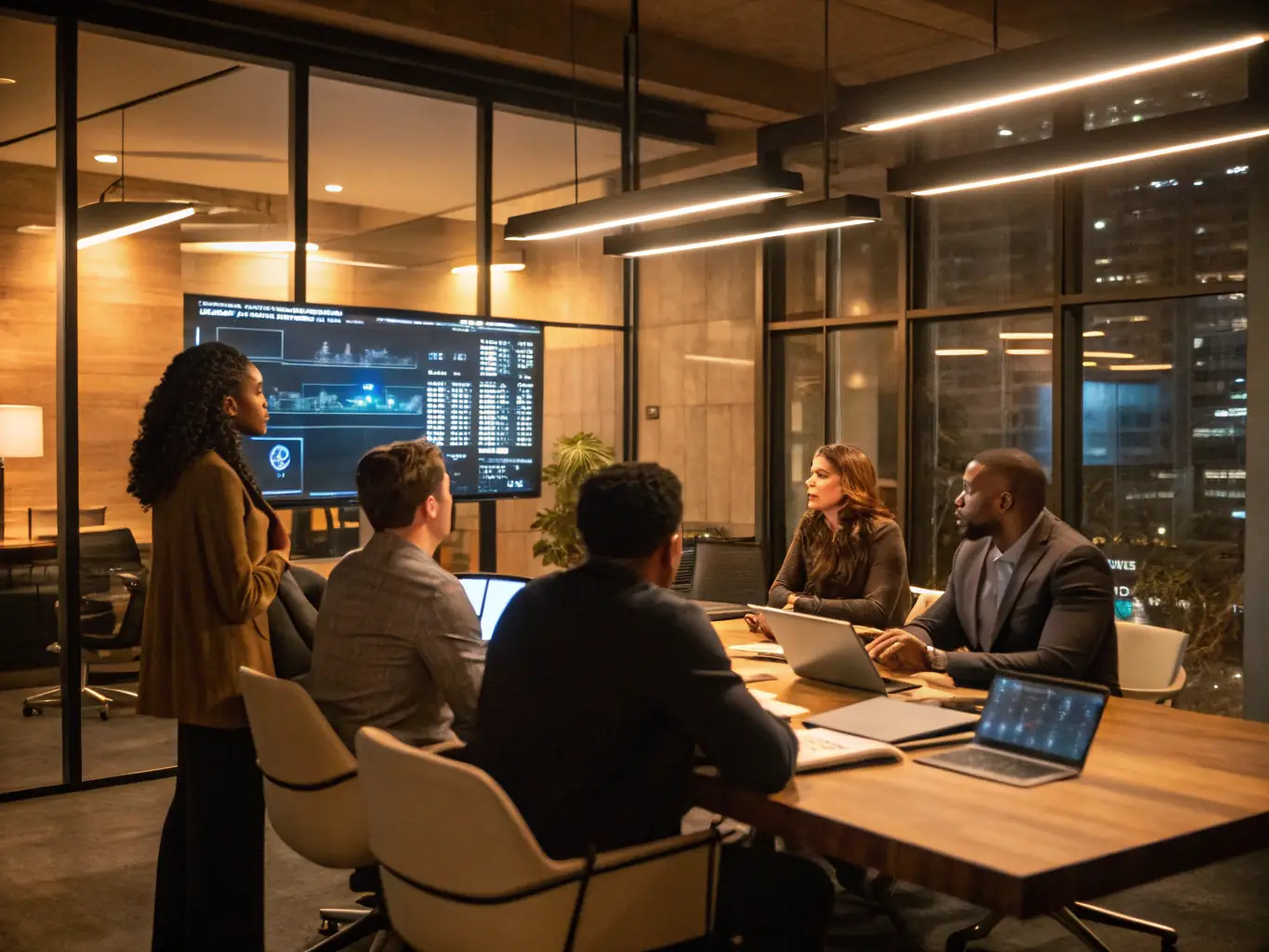 A team of consultants in a meeting, discussing strategic plans with automotive industry charts and graphs on a whiteboard, illustrating Stelarity LLC's strategic advisory services.