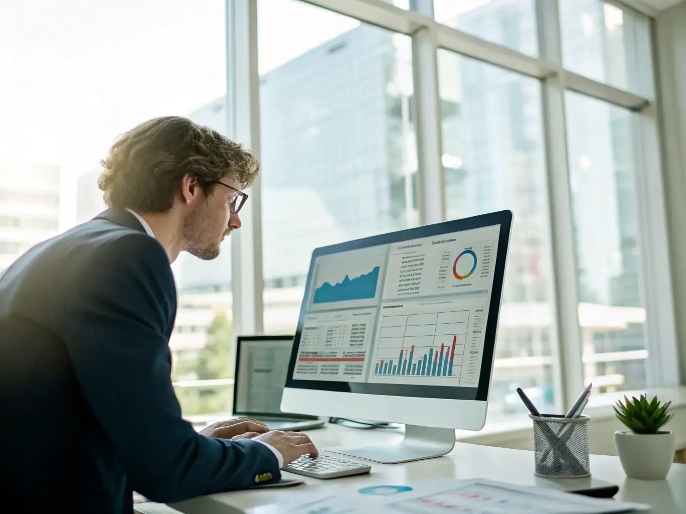 A professional automotive consultant analyzing data on a laptop, with charts and graphs illustrating performance improvements in the background, symbolizing data-driven decision-making.