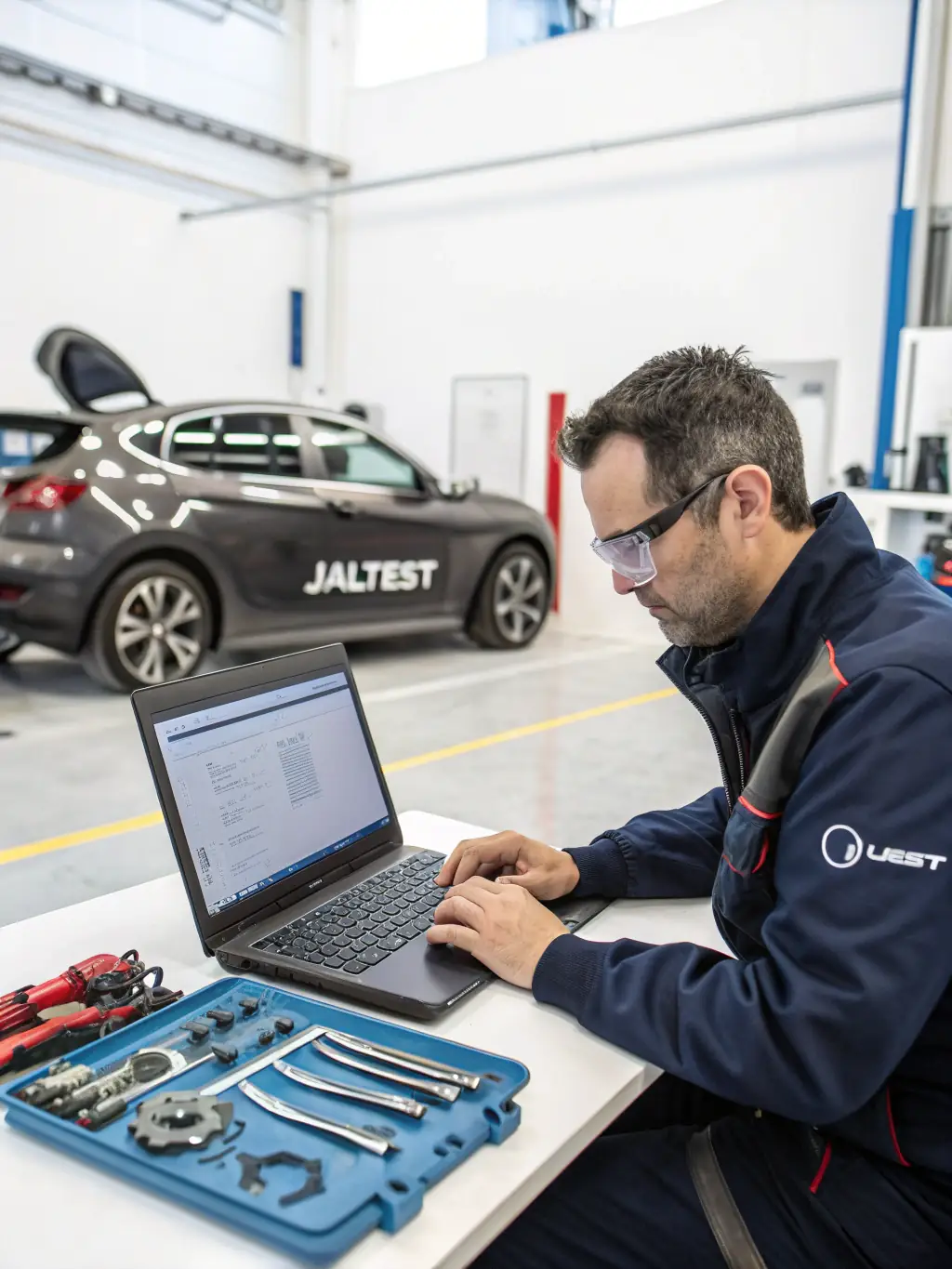 An automotive technician working with AI-powered automation software on a computer, with digital dashboards displaying performance metrics, representing Stelarity LLC's AI-Driven Automation Solutions.