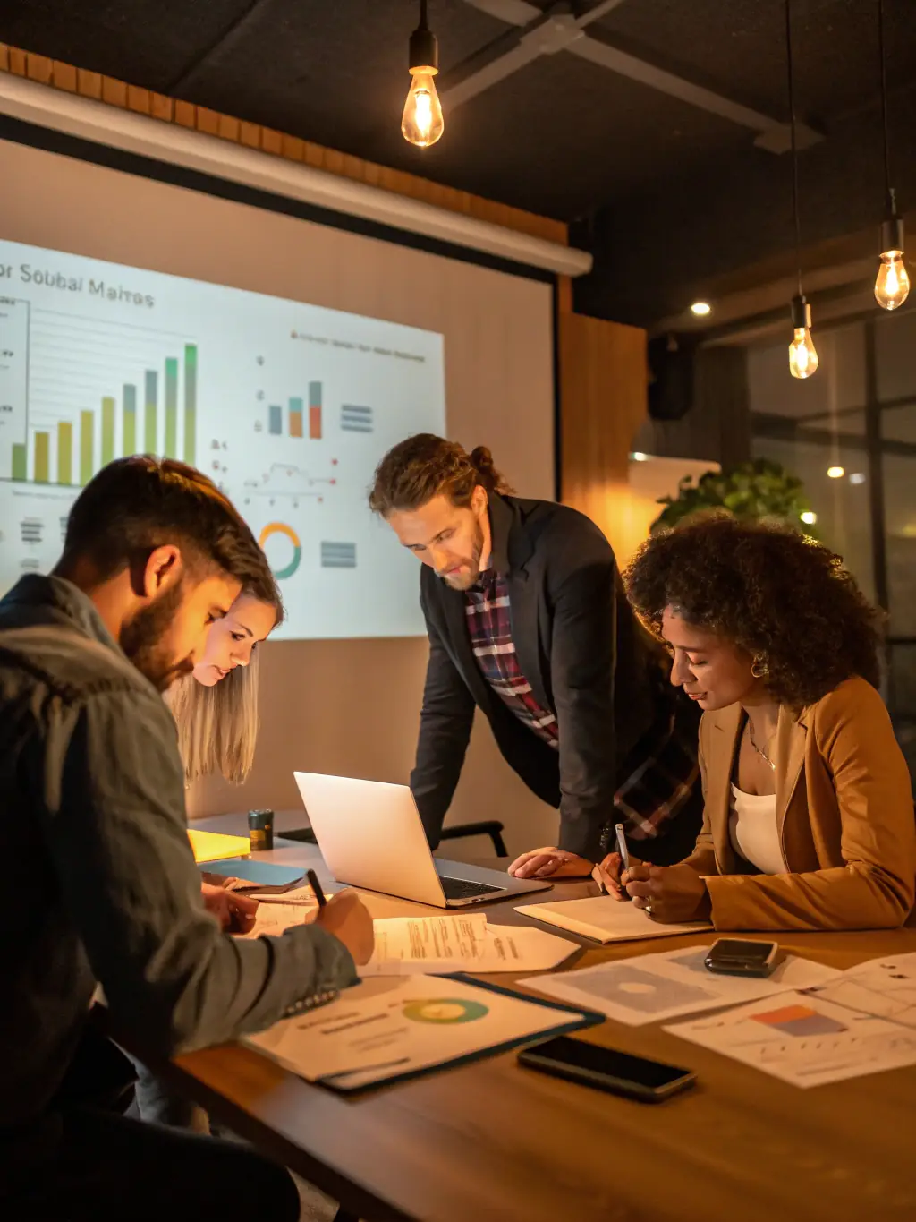 A team of consultants in a meeting, discussing strategic plans with automotive industry charts and graphs on a whiteboard, representing Stelarity LLC's Strategic Advisory.