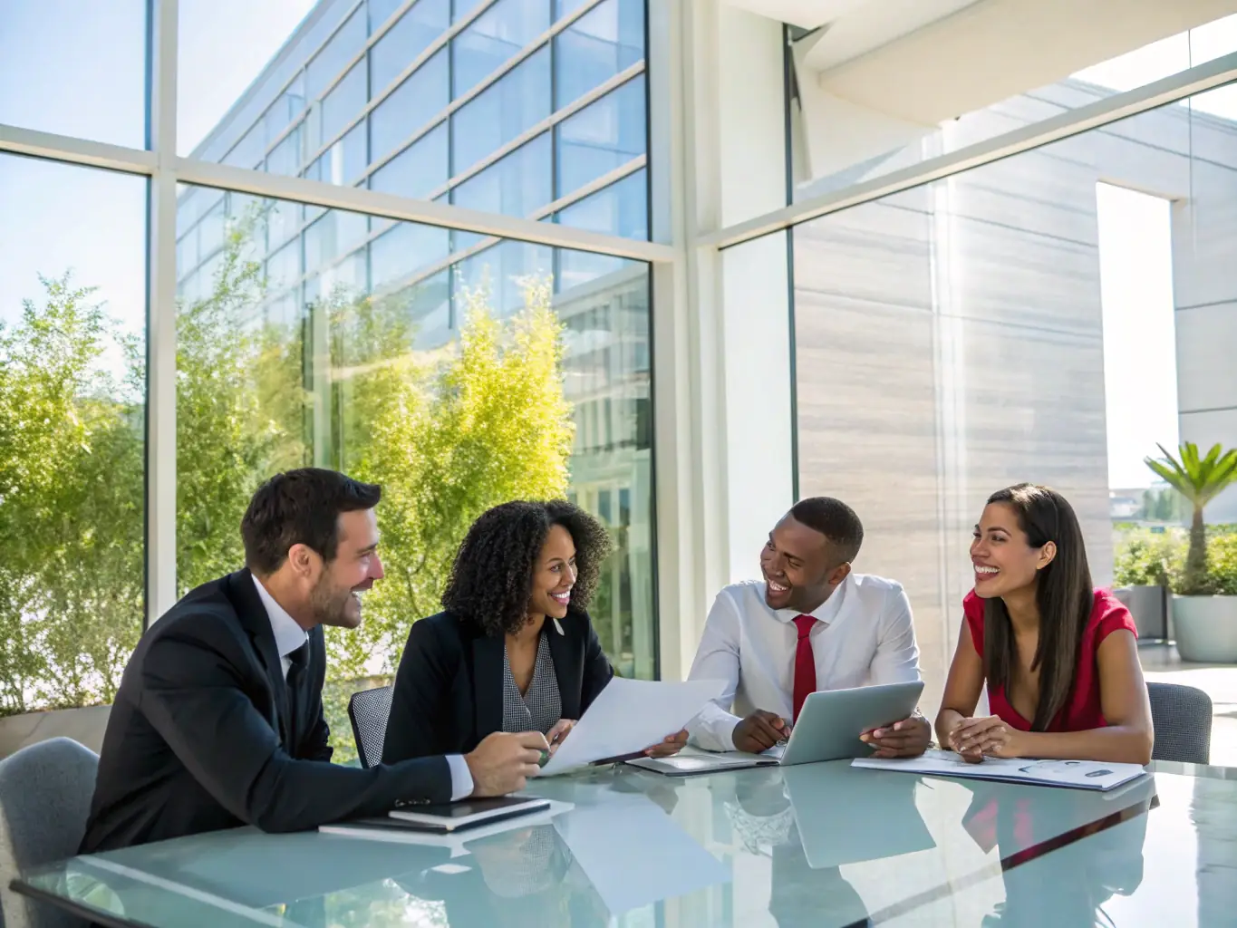A diverse team of automotive consultants collaborating in a modern office, brainstorming ideas and developing innovative solutions for a client's specific needs.