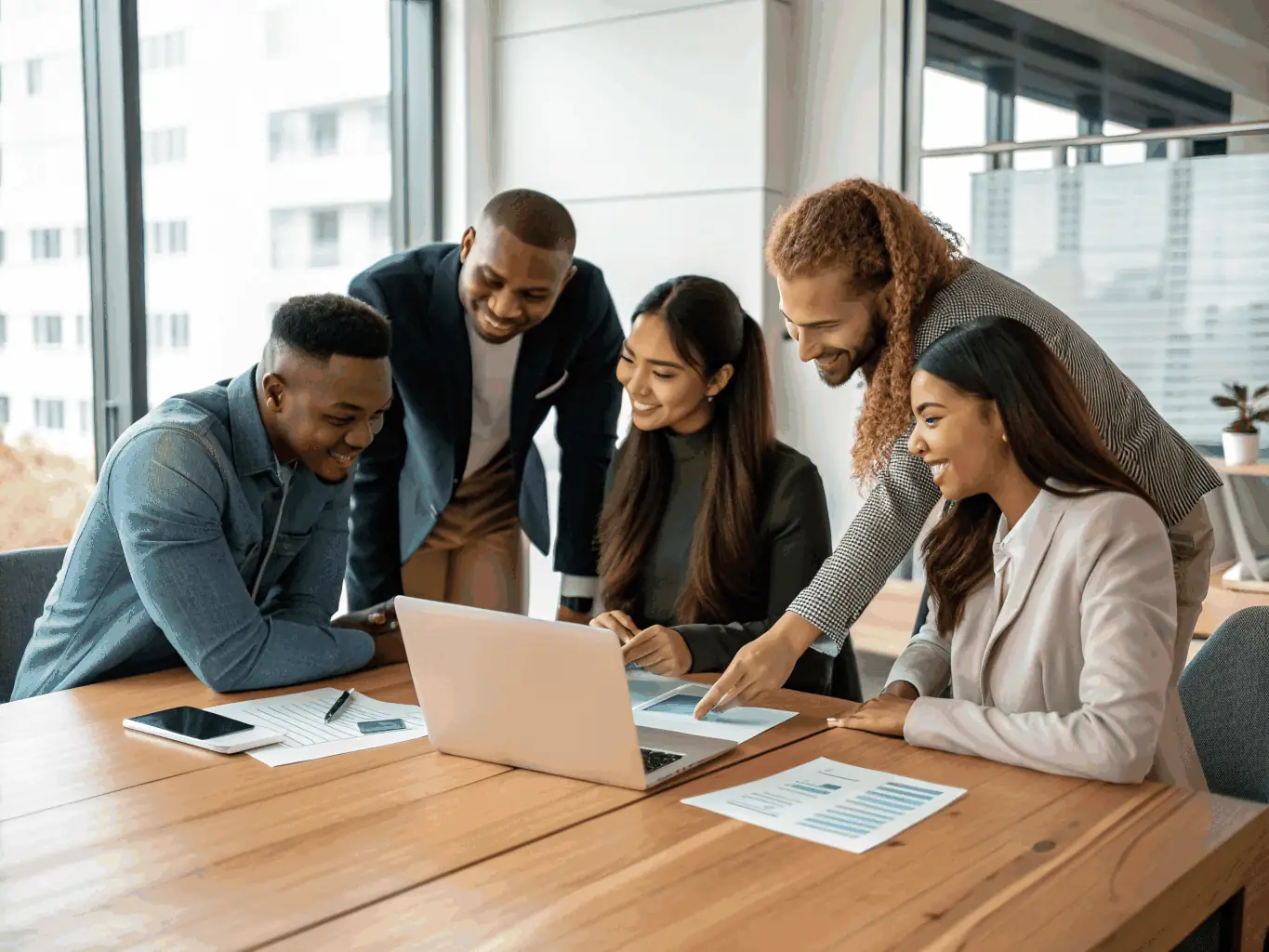 A diverse team of consultants collaborating closely with a client, reviewing project milestones and discussing strategic adjustments in a collaborative workspace.