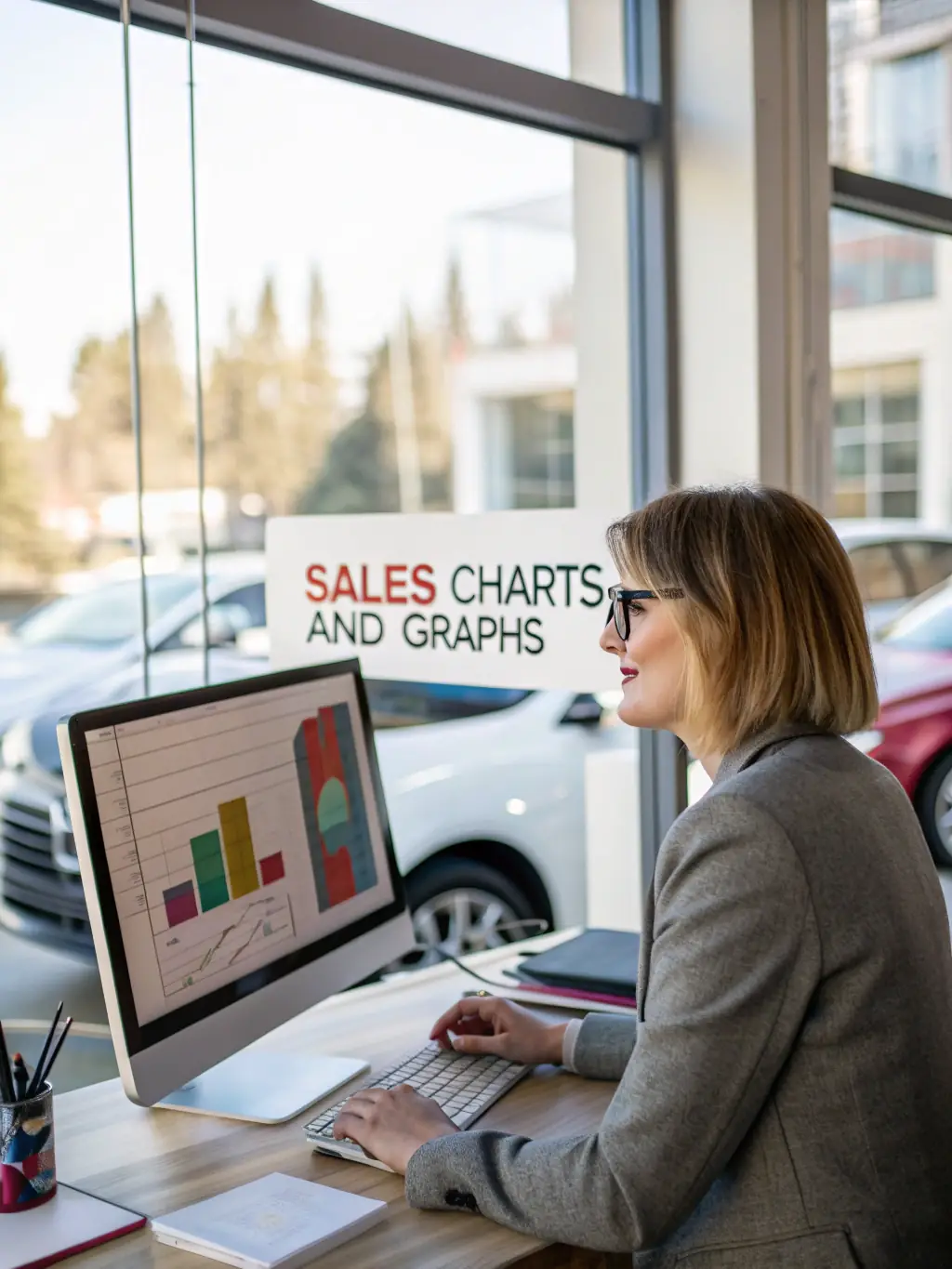 A digital marketing specialist analyzing automotive ad campaigns on a computer screen, with automotive images and analytics charts, representing Stelarity LLC's Advertising and Marketing Strategies.